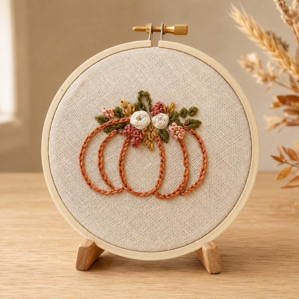 Floral pumpkin embroidery stitched in a wooden hoop — project from the Gathered in Autumn Beginner Embroidery workshop
