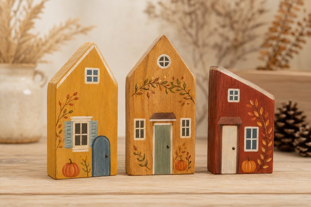 Freestanding wooden houses hand-painted in cozy autumn colors with doors, windows, and leafy details — Painted Wooden Village workshop project